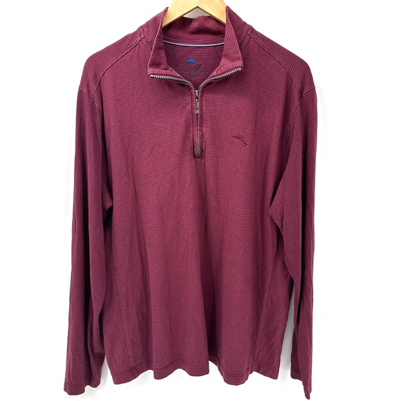 Tommy Bahama Sweater Mens Large 1/4 Zip Pullover Burgundy Striped Classic Knit - Picture 1 of 8